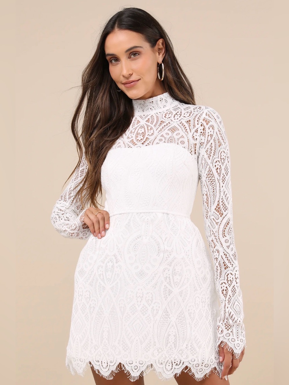 Lulus Gorgeous Attraction White Lace Structured Long Sleeve Mini Dress (NWT)